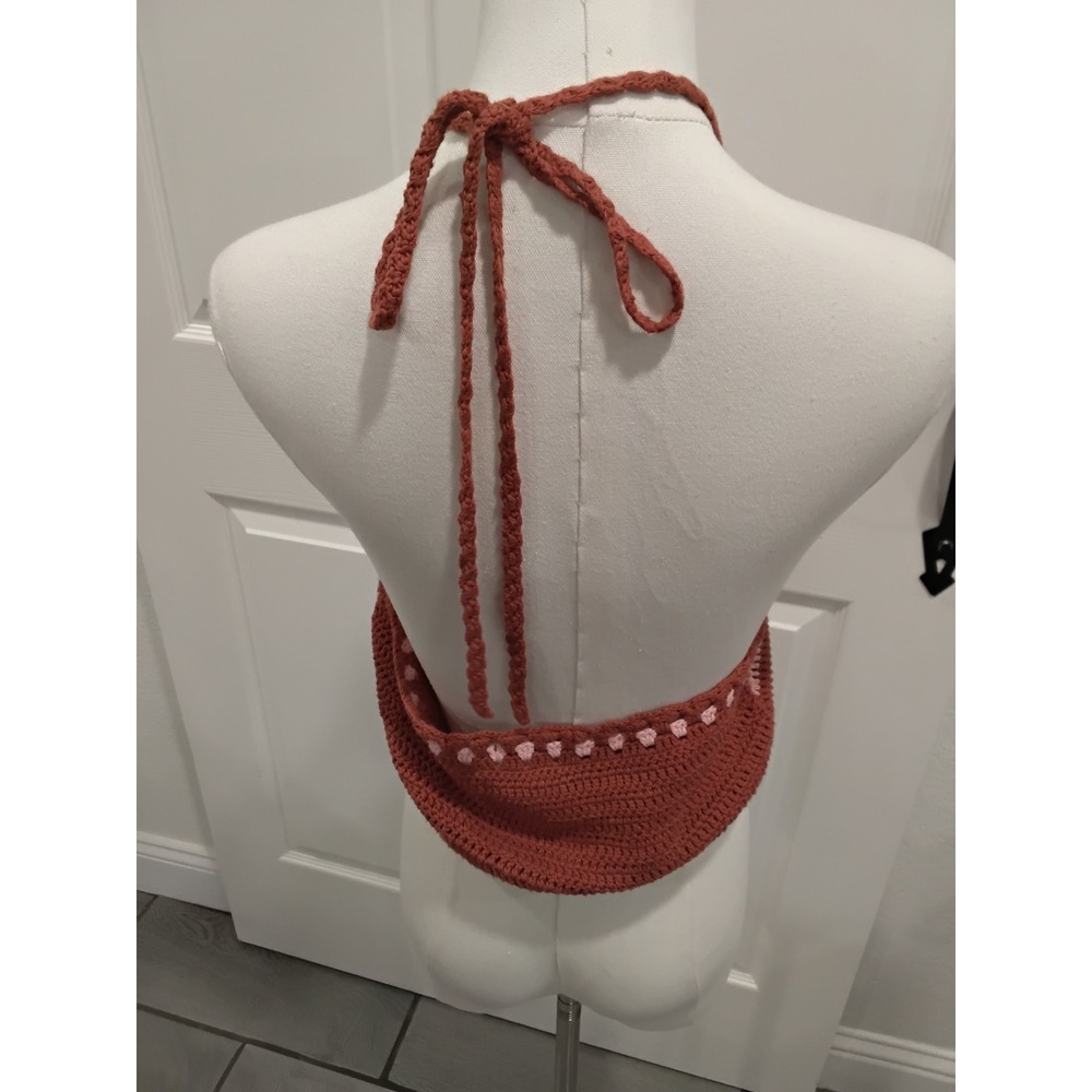 Forever 21 Pink Rust Crochet Halter Top Chevron Boho Festival Crop Tank Medium - Picture 3 of 4